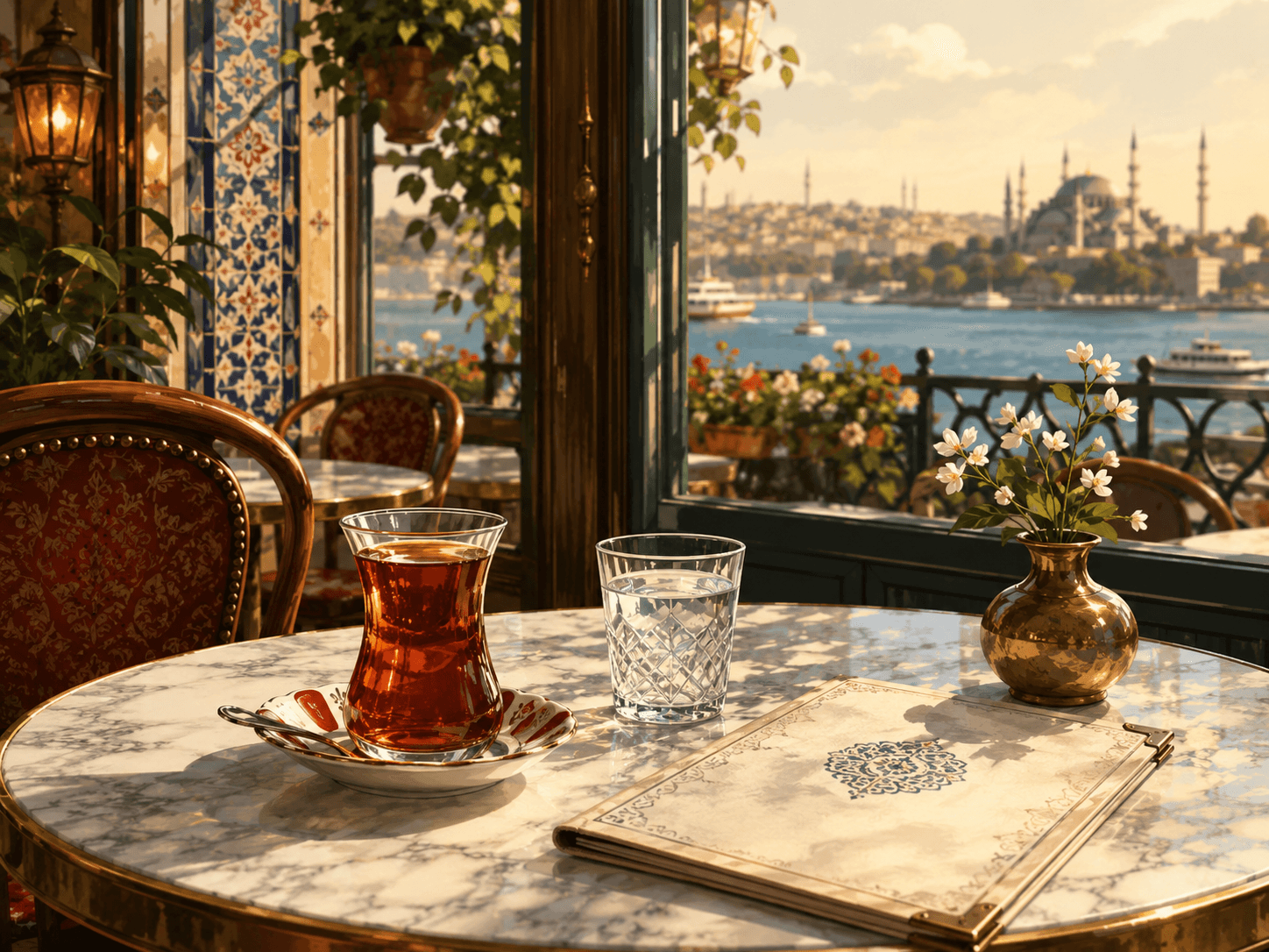 Turkish tea and simit on a cafe table near the Bosphorus