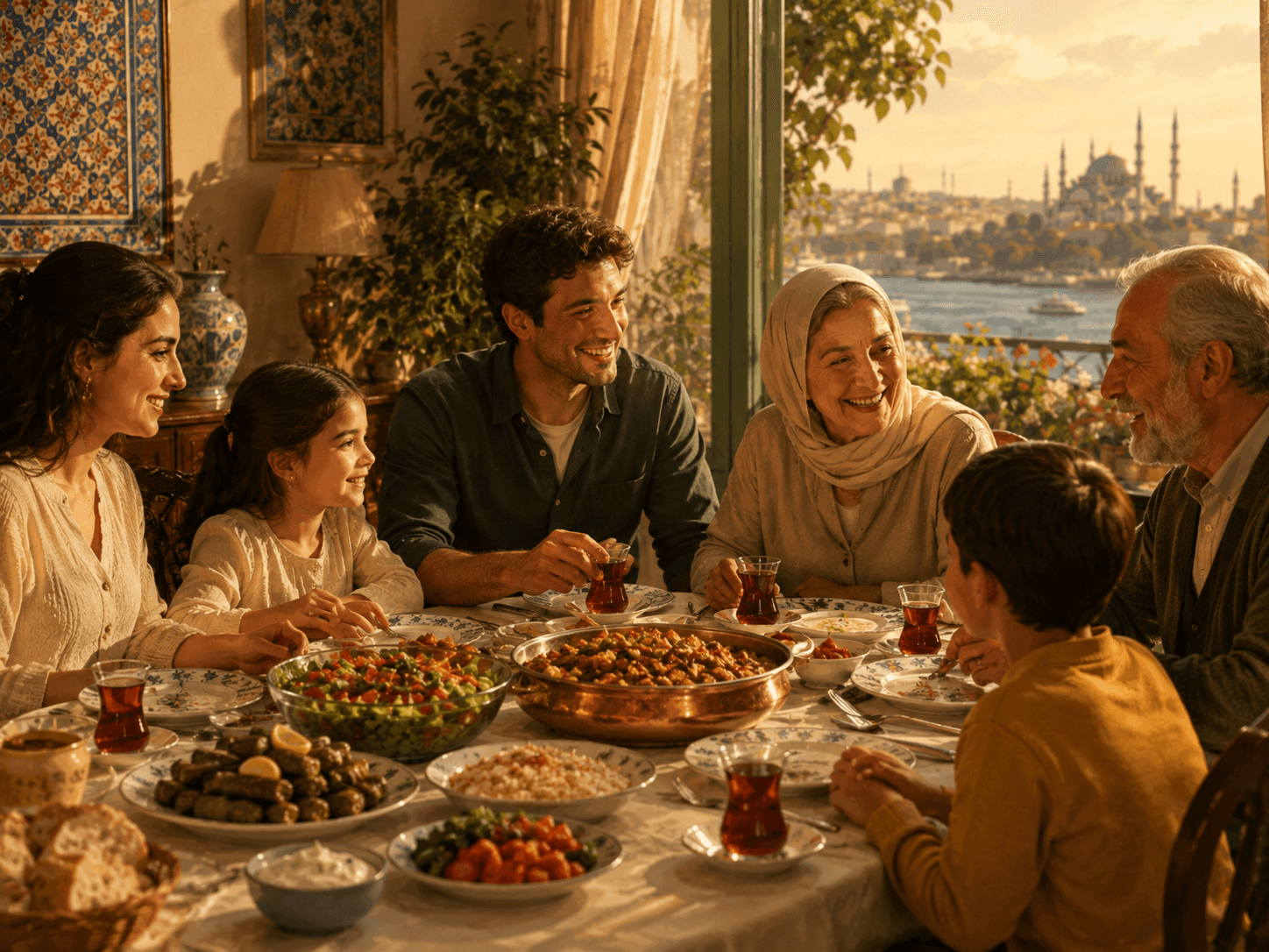 Warm Turkish family dinner table