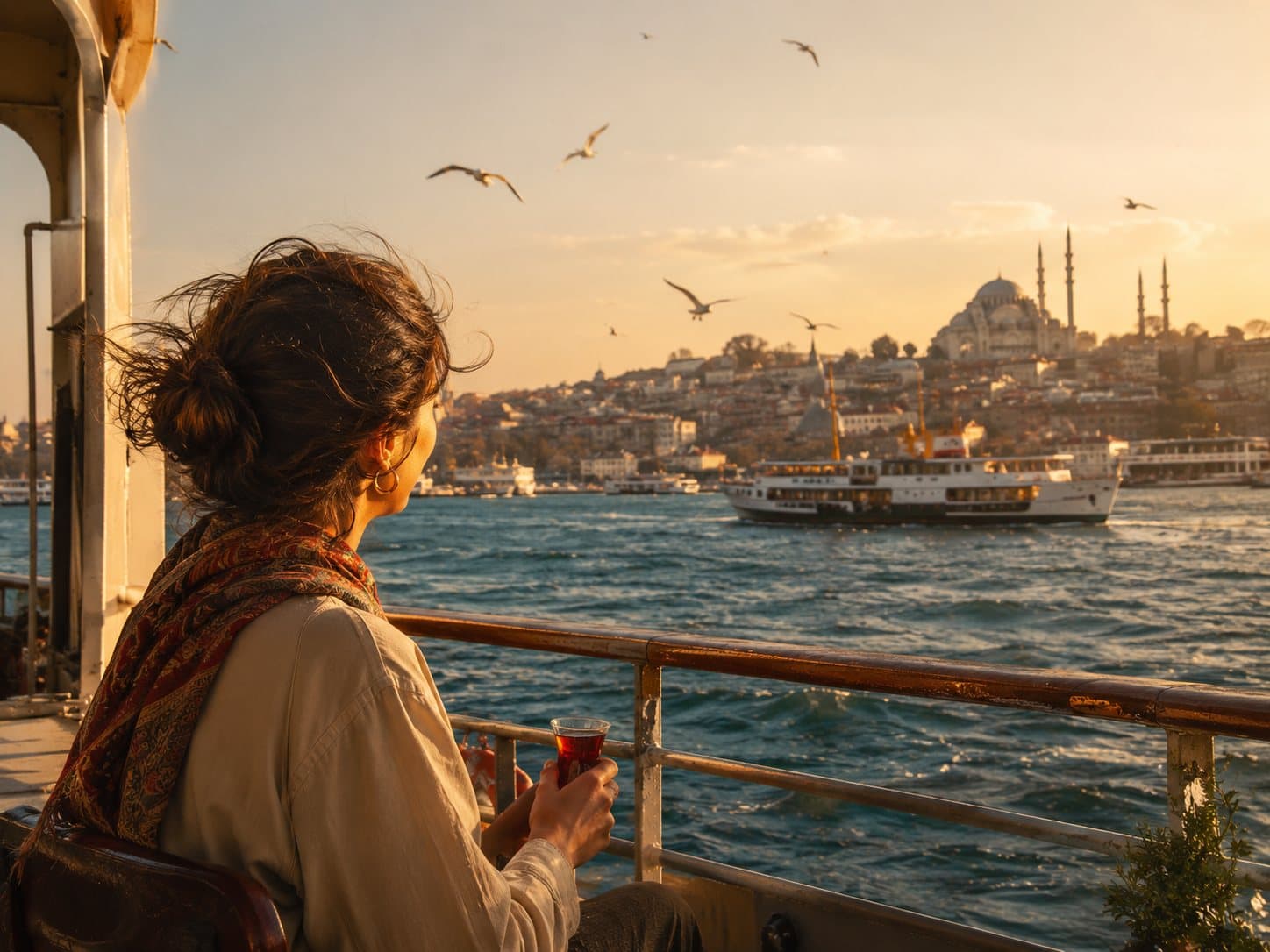 Traveler holding a glass of tea on a Bosphorus ferry at golden hour