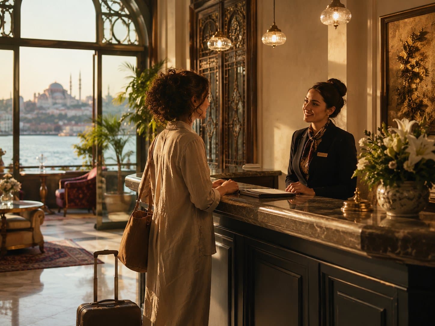 Guest checking in at an elegant Istanbul hotel lobby with a Bosphorus view