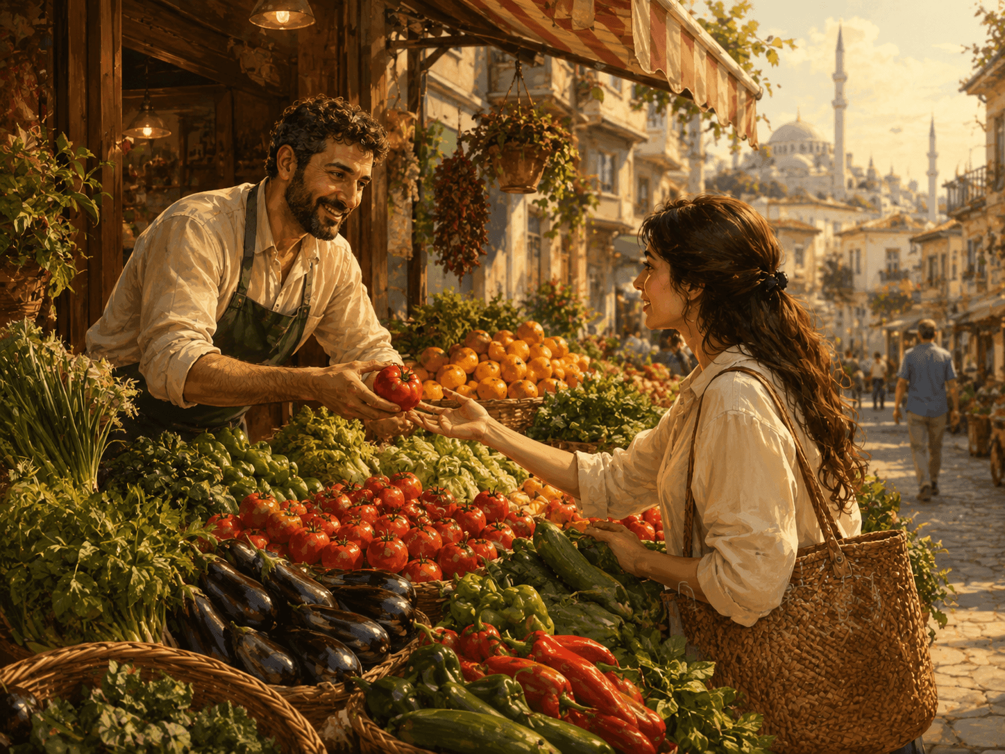 Colorful Turkish produce market with fresh fruit and vegetables