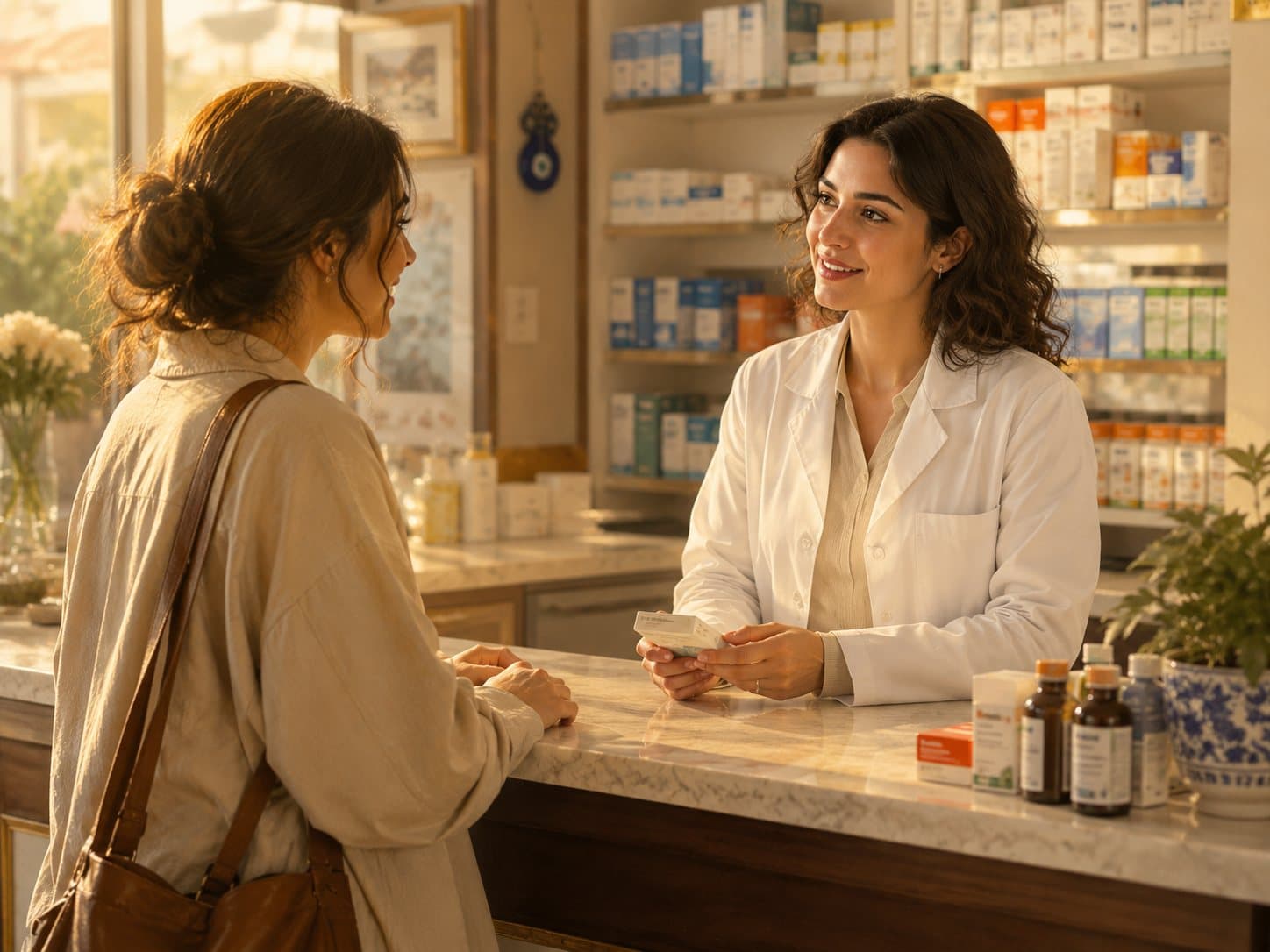 Friendly pharmacist helping a customer at a sunlit Turkish eczane counter