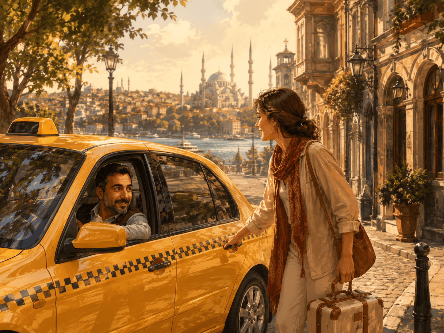 Yellow taxi on a warm Istanbul street