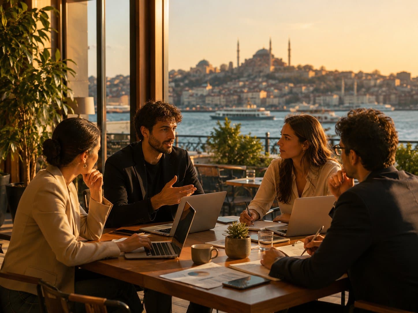 Colleagues in a terrace meeting overlooking the Bosphorus at sunset